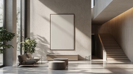 Contemporary art gallery inspired space with minimalist design and blank frame for display