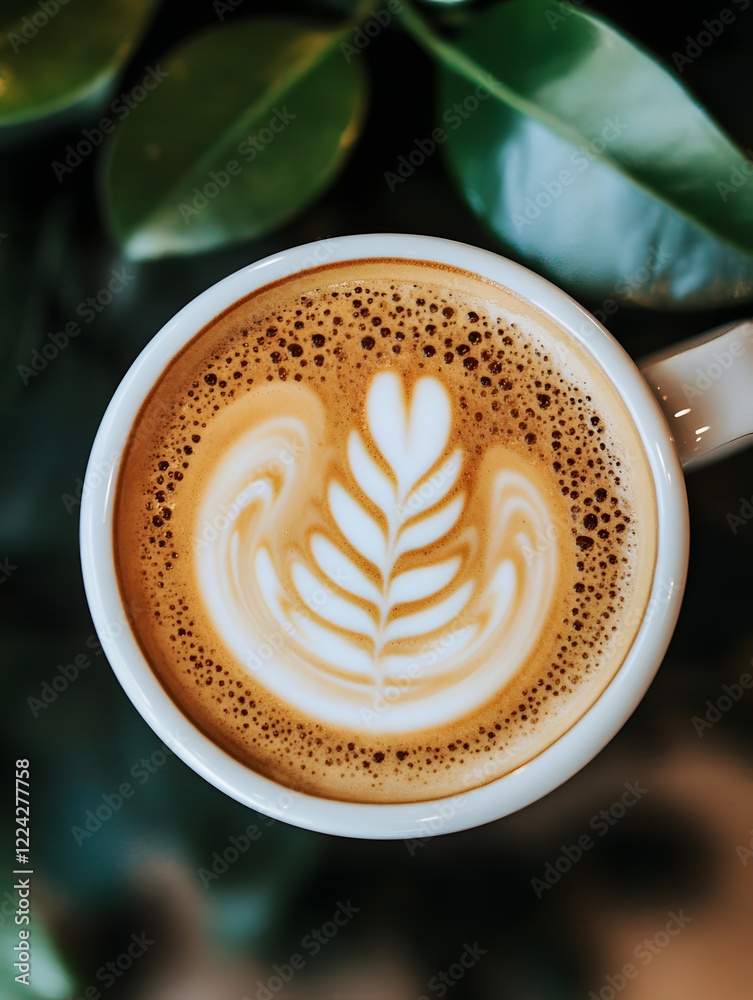 Poster elegant latte art with leaf design in ceramic cup for coffee enthusiasts : generative ai