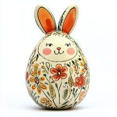A beautifully decorated Easter egg featuring a cute hand-painted bunny surrounded by colorful flowers. A festive and artistic holiday design on a white background.