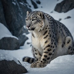 Obraz premium .A snow leopard crouched in the shadows of a rocky, snow-covered crevasse.