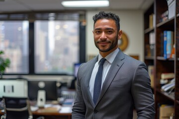 Fototapeta premium A business man stands confidently in a formal office setting, facing the camera with a professional demeanor. The office environment is visible, featuring desks, shelves with binders