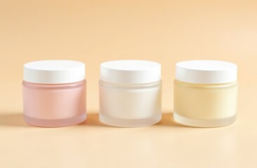 3 blank jars of frosted glass in pastel colors with white closed lids on beige background. Cosmetic cream advertisement