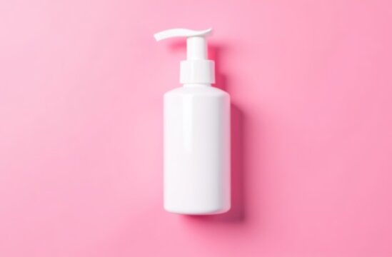top view white hand cream glass bottle on bubble gum pink background