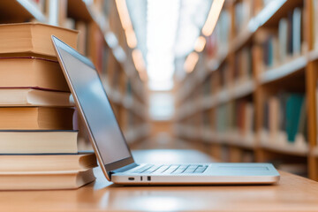 Open Laptop and Books in a Library Setting Reflecting Modern Education and Learning Resources