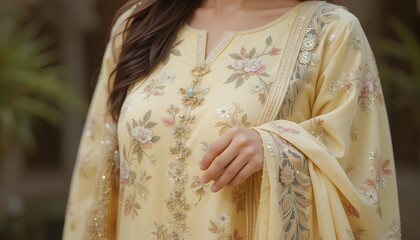 Woman in pastel yellow floral embroidered kurta.
