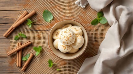 Sorvete de Banana com Canela (Banana and Cinnamon Ice Cream) with a sprinkle of cinnamon and fresh herbs (Bahian Cuisine)