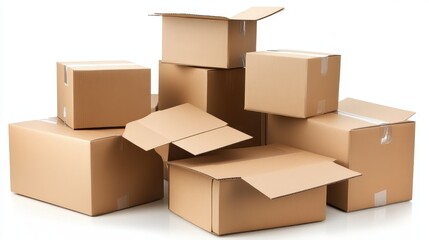 Stack of various sized cardboard boxes. Illustrates shipping, storage, or moving concepts.