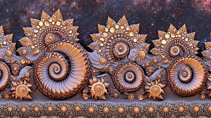 Golden spirals with intricate designs against a starry background featuring cosmic patterns and rich textures creating a mesmerizing visual experience.