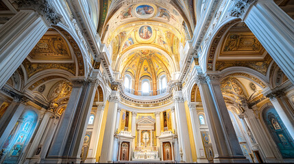 Ornate ceiling and architecture of a grand cathedral with detailed frescoes and columns : Generative AI