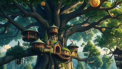 Naklejka premium Enchanted Treetop Village: A Fantasy Landscape