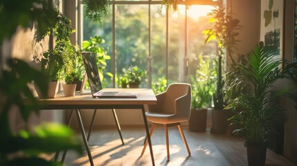 Fototapeta premium Sunlit contemporary office with minimalist furniture and abundant indoor plants creating a serene workspace