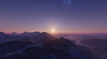 Stunning galaxy sunrise emerging over majestic mountains. The captivating blend of the celestial galaxy and the terrestrial mountains as the sun starts to rise, creating a breathtaking and awe 