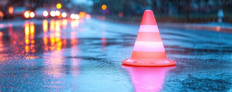 A glowing safety cone on a rainy road, symbolizing accident prevention during hazardous weather