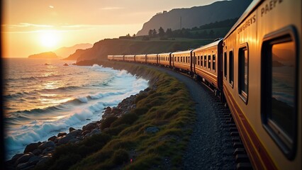 A train traveling along a coastal railway track at sunset, with mountains in the background