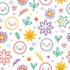 Obraz premium Happy flowers and smiley faces seamless pattern.