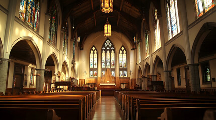Obraz premium Beautifully Lit Interior of Traditional Church with Stained Glass Windows : Generative AI