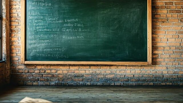 Rustic Brick Classroom Interior with Vintage Chalkboard and Equations