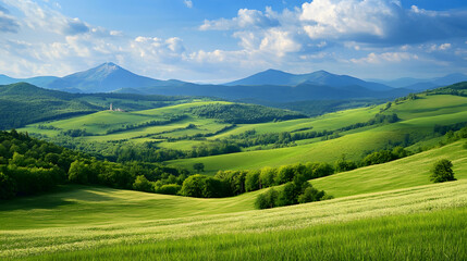 Obraz premium Breathtaking Green Rolling Hills Landscape with Mountains Under a Clear Blue Sky : Generative AI