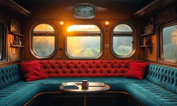 Cozy vintage train interior with red cushions, warm sunlight streaming through windows, serene landscape outside