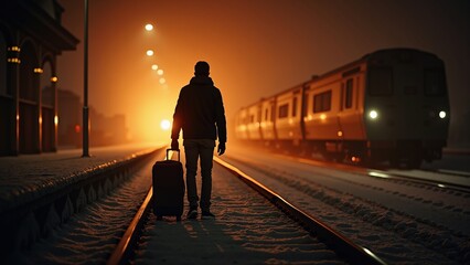A lone traveler with a suitcase standing on a snow-covered train track at dusk, with a train in the background.