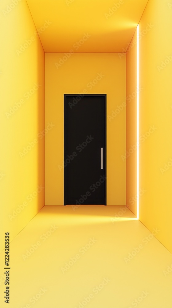 Poster a luminous yellow room emanates warmth and creativity, featuring a stark black door that invites cur