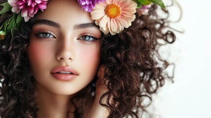 Fototapeta premium Colombian girl with shimmering glowing makeup, flowers cascading in her curls, studio photo on white.