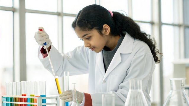 An Indian  student in a white lab coat conducting an experiment in a science lab. She is focused on her work, surrounded by test tubes, beakers, and scientific equipment, with a determined expressions - Powered by Adobe