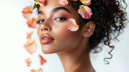 Fototapeta premium Elegant Colombian model with luminous eco-friendly makeup, flower petals decorating her hair, studio white background, high resolution