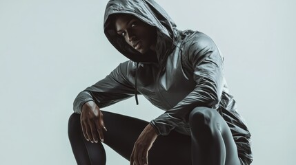 Nigerian fitness model sporting a performance hoodie, insulated winter jacket, and tights, photographed against a clean studio backdrop
