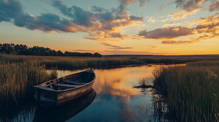 Scenic View of Boat in Serene Marshland at Sunset with Vibrant Sky : Generative AI