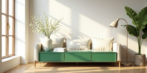 Serene Living Room Interior Design Featuring a Light Beige Sofa, Green Media Console, and Natural Light Accents