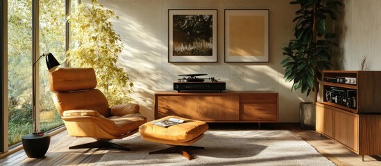 A cozy mid-century modern living room featuring a vintage record player and ample sunlight