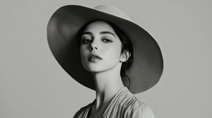 Portrait of a young woman in a chic monochrome outfit, wearing a wide-brimmed hat, her hair styled in a low bun, standing confidently against a minimalist studio background