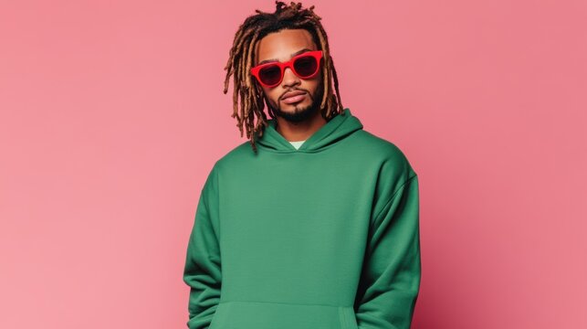 Portrait of a young man with dreadlocks styled to one side, dressed in a green hoodie and retro red sunglasses, standing against a soft pink background, showcasing a relaxed yet bold aesthetic