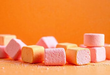 Mini marshmallows in shades of orange and pink against a warm, golden brown background, background, pink