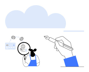 Hand holding pen, person using magnifying glass and currency symbols floating. Ideal for financial planning, analysis, budgeting, investment, fintech, research education. Minimalist abstract line