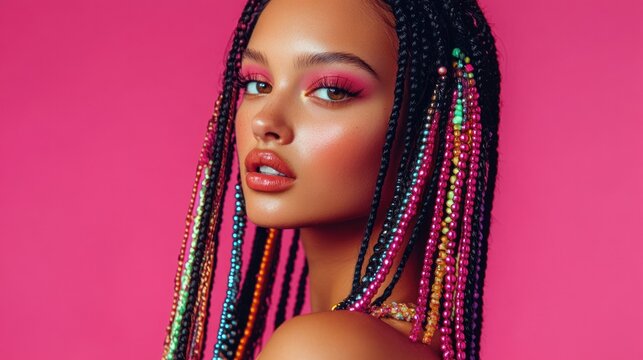 Portrait of a young woman with long knotless braids adorned with colorful beads, her glowing skin and bold eyeliner complementing the vibrant pink studio backdrop