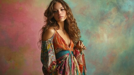 Studio portrait of a young woman in a colorful bohemian dress with flowing fabrics, her hair styled in long, loose curls, standing confidently against a soft pastel background.