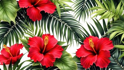 Vibrant red hibiscus and lush green palm leaves on white background