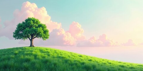 Fototapeta premium Serene Landscape A solitary tree stands tall on a gently sloping grassy hill, bathed in the soft glow of a pastel sunrise, under a sky adorned with fluffy, rose-tinted clouds.