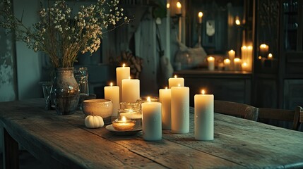 Cozy Rustic Dining Table Setup with Candles and Dried Flowers