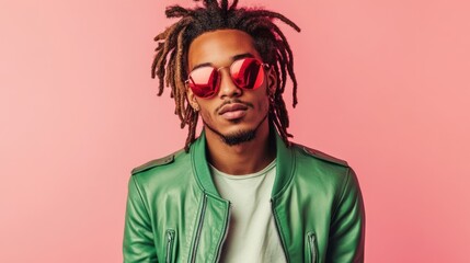 Fototapeta premium Studio shot of a young man with medium-length dreadlocks, wearing a green leather jacket and reflective red sunglasses, isolated on a light pink background, highlighting edgy fashion choices.