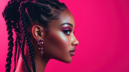 Studio shot of an African female model with braided bantu knots adorned with metallic beads, her glowing skin enhanced by bold makeup, standing against a vibrant pink backdrop