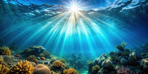 Naklejka premium Underwater view of sun rays shining through water onto coral reef, ray of light, ocean floor