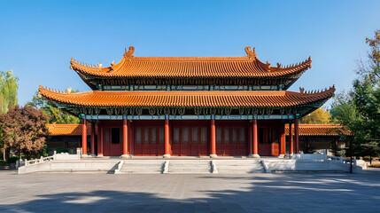 Fototapeta premium Grand Imperial Chinese Temple with Ornate Architecture and Blue Sky Background : Generative AI
