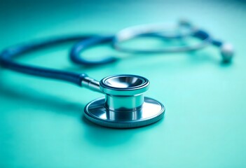 Close-up of a metallic stethoscope on a teal background, symbolizing medical care, health, and wellness.  The polished chrome reflects light, emphasizing precision and professional healthcare.  This i