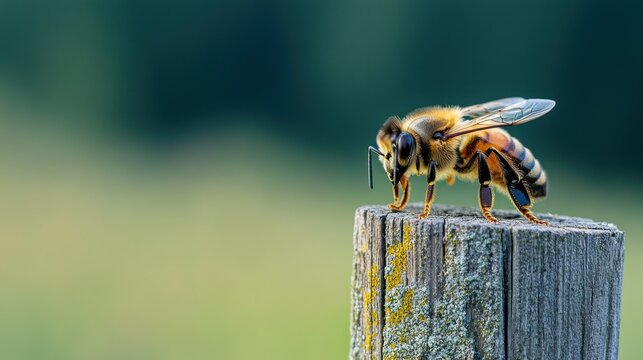 Close-up photo of a bee on the edge of a wooden post
