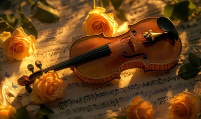 Close-up of roses and a violin on music sheets