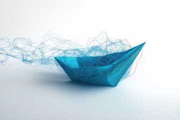 Obraz premium Blue Paper Boat Amidst Chaotic Threads on White Background