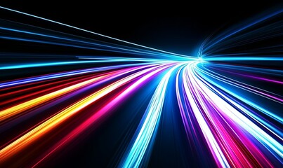 Colorful light trails curving through dark tunnel, speed and motion blur, for technology or travel ads
